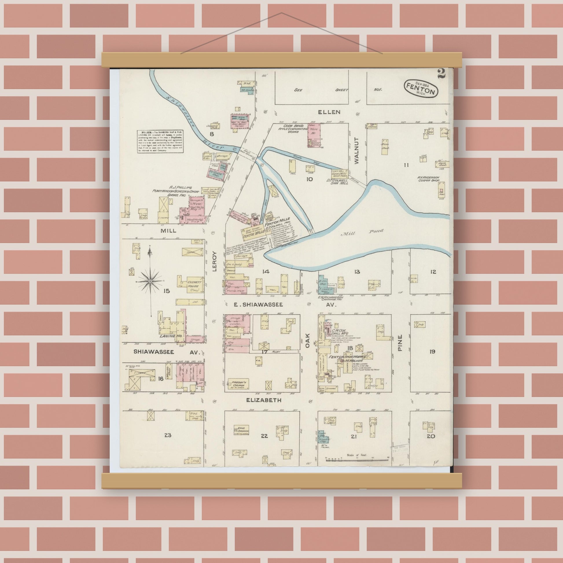 Old map wall art mockup — magnetic wood frame on brick wall — Sanborn Fire Insurance Map from Fenton, Genesee County, Michigan (1884), Sheet #0002