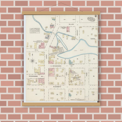 Old map wall art mockup — magnetic wood frame on brick wall — Sanborn Fire Insurance Map from Fenton, Genesee County, Michigan (1884), Sheet #0002