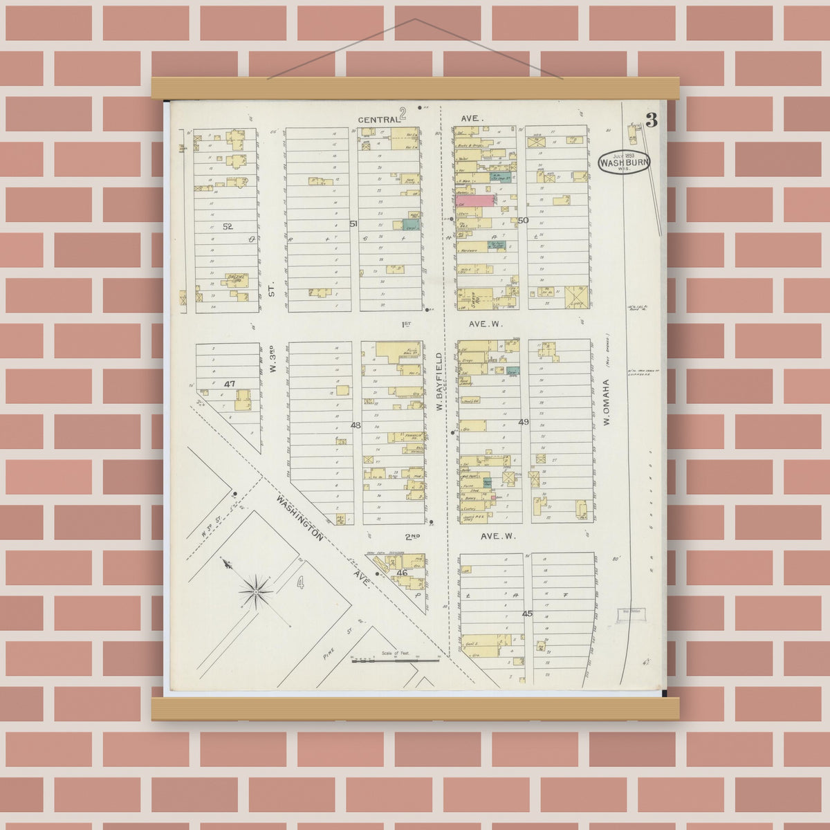 Old map wall art mockup — magnetic wood frame on brick wall — Sanborn Fire Insurance Map from Washburn, Bayfield County, Wisconsin (1893), Sheet #0003