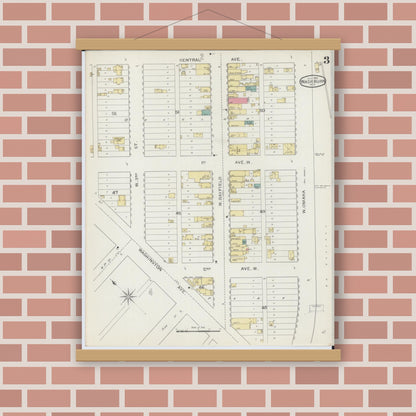 Old map wall art mockup — magnetic wood frame on brick wall — Sanborn Fire Insurance Map from Washburn, Bayfield County, Wisconsin (1893), Sheet #0003