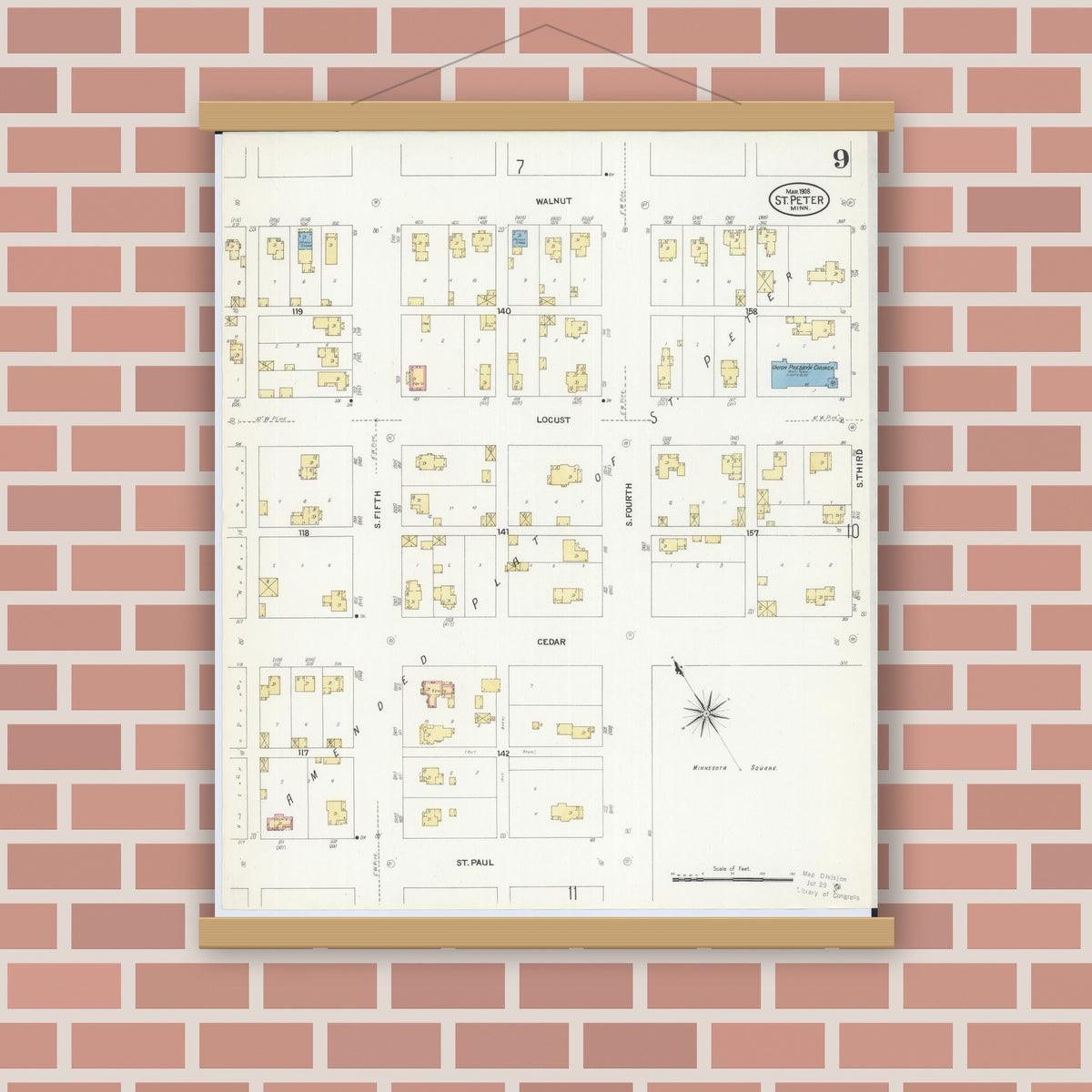 Old map wall art mockup — magnetic wood frame on brick wall — Sanborn Fire Insurance Map from Saint Peter, Nicollet County, Minnesota (1908), Sheet #0009