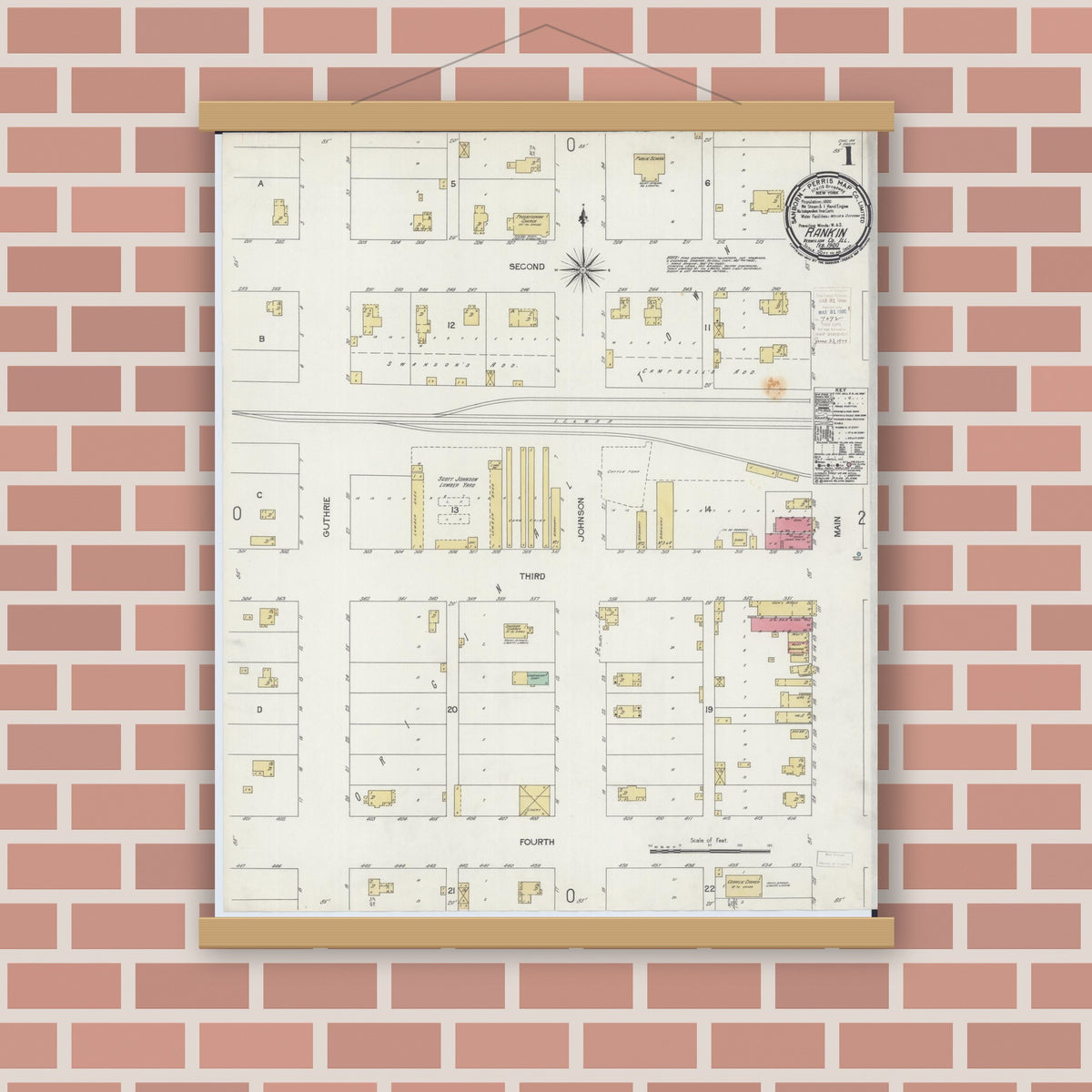 Old map wall art mockup — magnetic wood frame on brick wall — Sanborn Fire Insurance Map from Rankin, Vermilion County, Illinois (1900), Sheet #0001