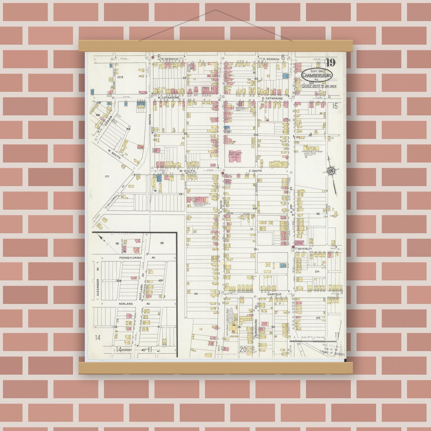 Old map wall art mockup — magnetic wood frame on brick wall — Sanborn Fire Insurance Map from Chambersburg, Franklin County, Pennsylvania (1916), Sheet #0019