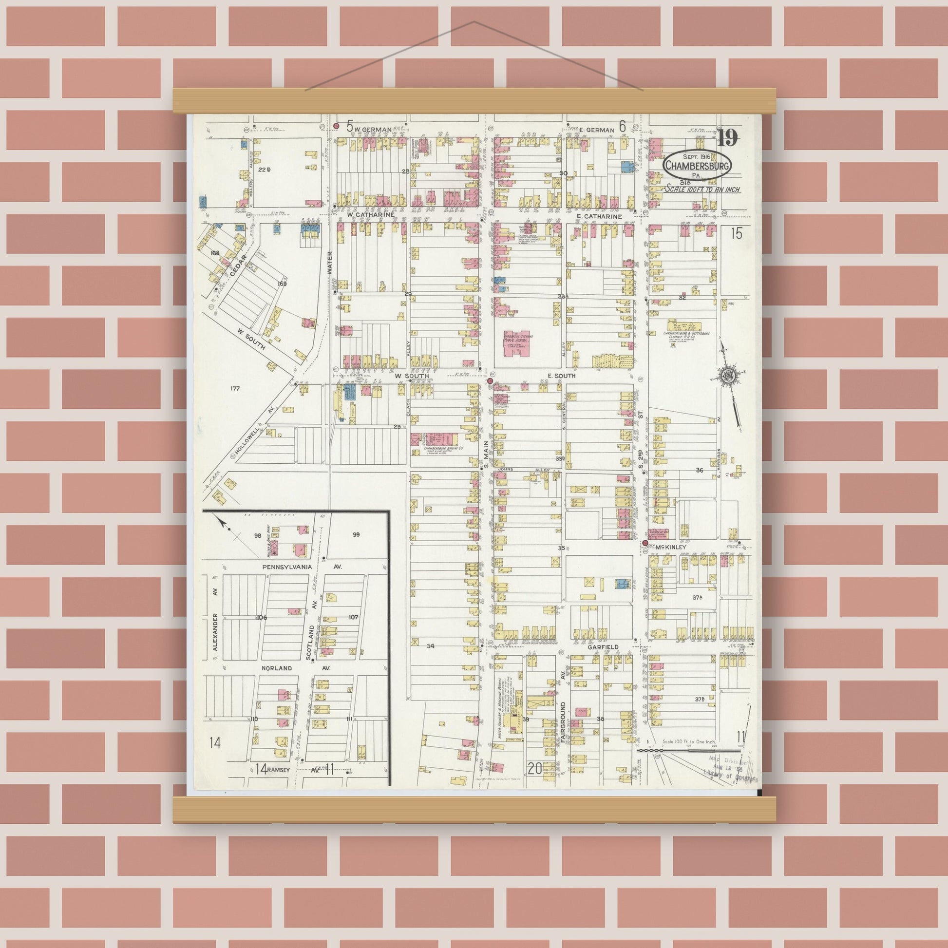 Old map wall art mockup — magnetic wood frame on brick wall — Sanborn Fire Insurance Map from Chambersburg, Franklin County, Pennsylvania (1916), Sheet #0019