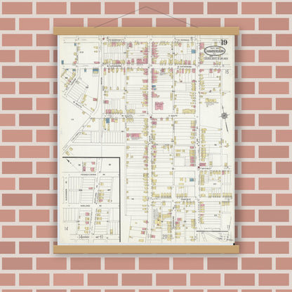 Old map wall art mockup — magnetic wood frame on brick wall — Sanborn Fire Insurance Map from Chambersburg, Franklin County, Pennsylvania (1916), Sheet #0019
