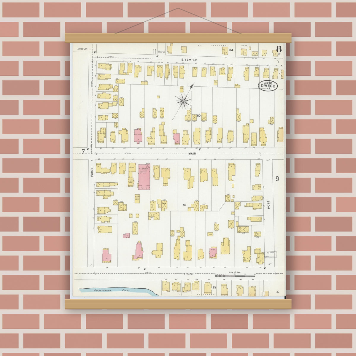 Old map wall art mockup — magnetic wood frame on brick wall — Sanborn Fire Insurance Map from Owego, Tioga County, New York (1904), Sheet #0008