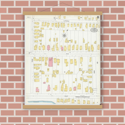 Old map wall art mockup — magnetic wood frame on brick wall — Sanborn Fire Insurance Map from Owego, Tioga County, New York (1904), Sheet #0008