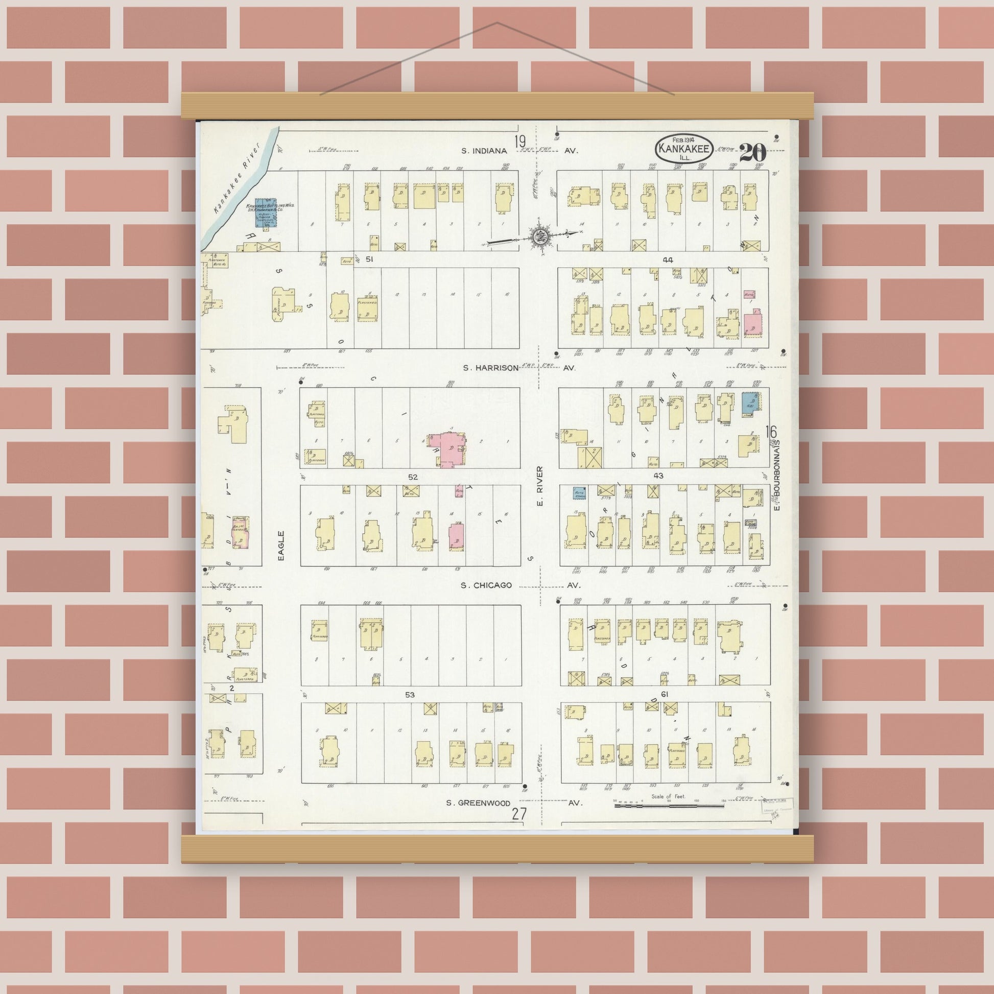 Old map wall art mockup — magnetic wood frame on brick wall — Sanborn Fire Insurance Map from Kankakee, Kankakee County, Illinois (1914), Sheet #0020