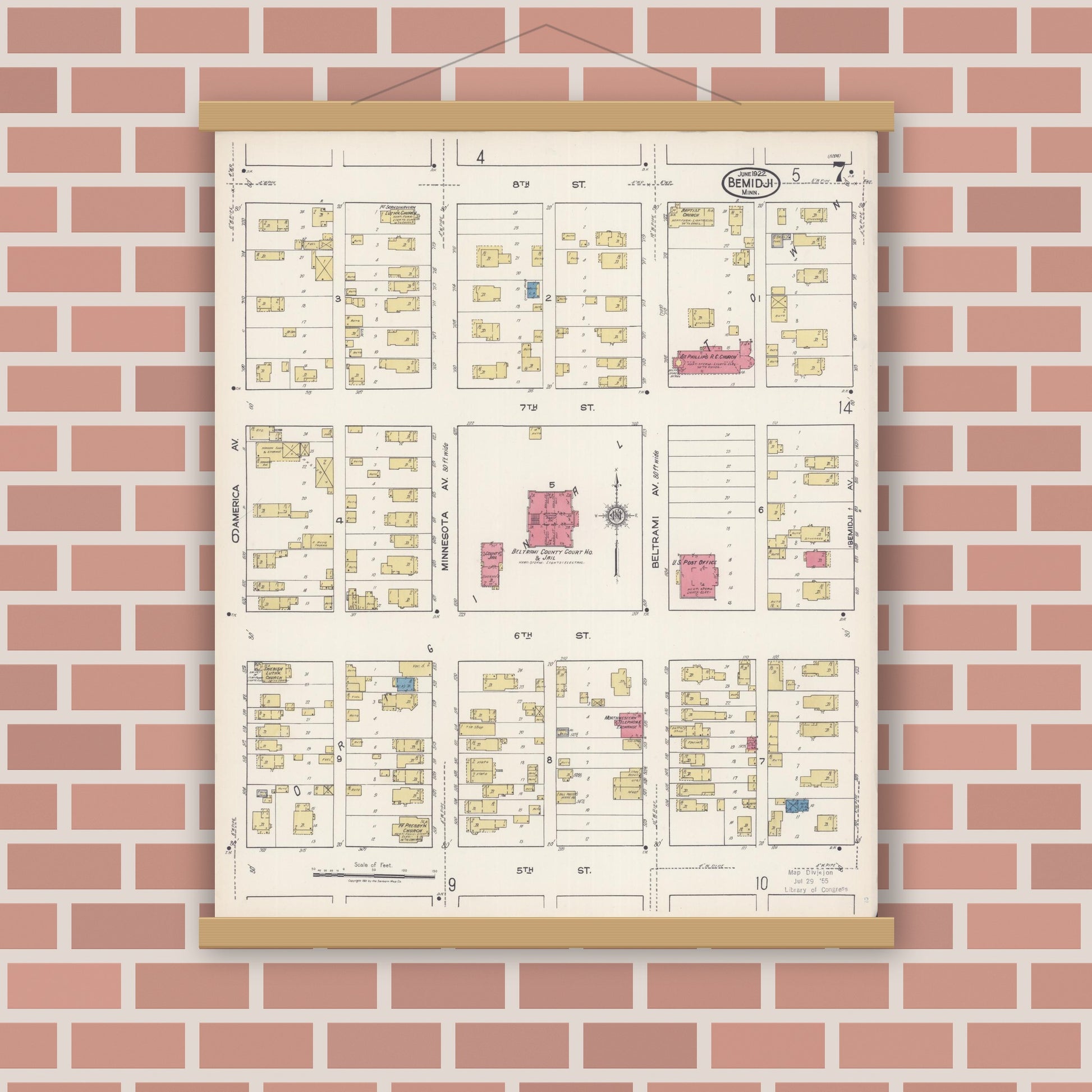 Old map wall art mockup — magnetic wood frame on brick wall — Sanborn Fire Insurance Map from Bemidji, Beltrami County, Minnesota (1922), Sheet #0007