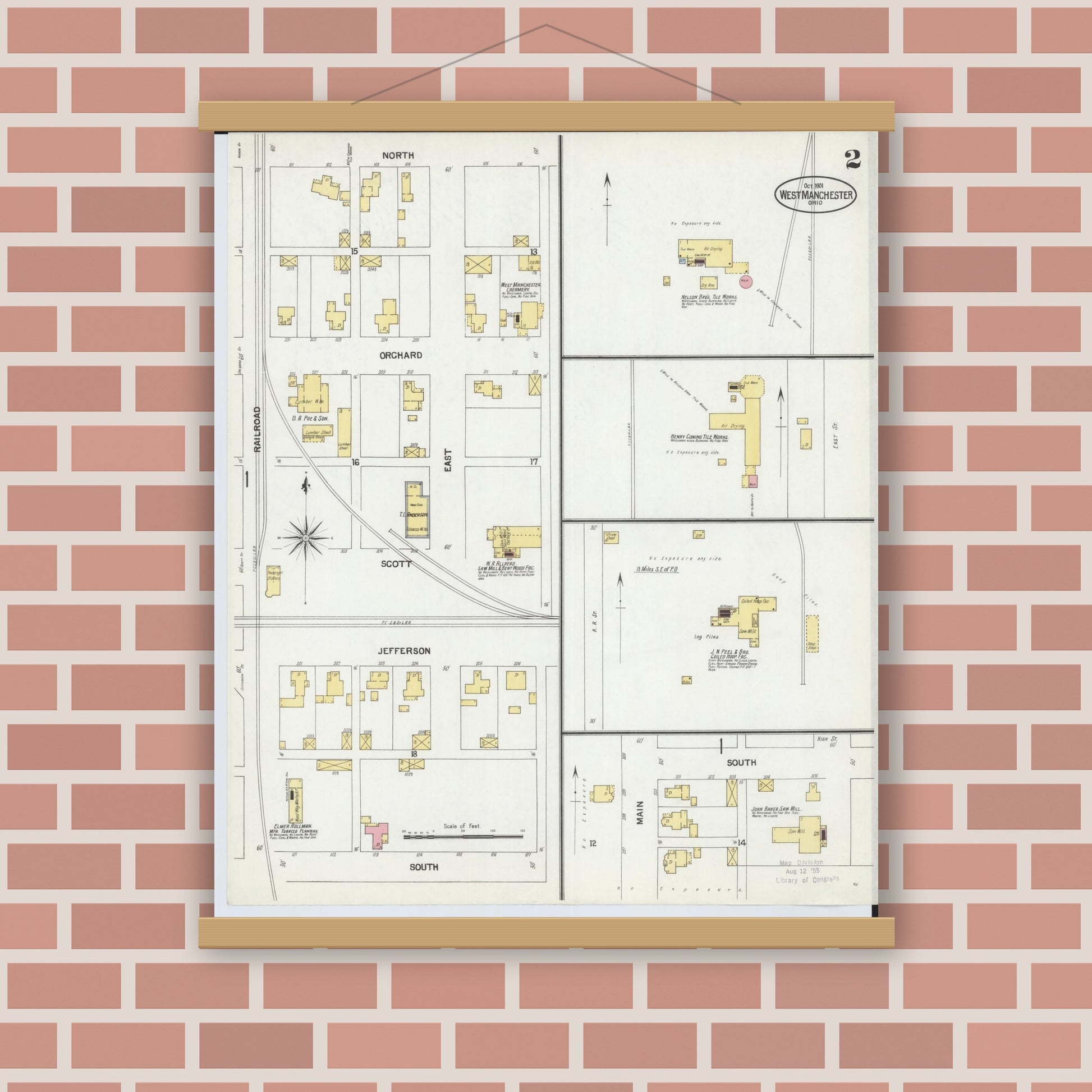 Old map wall art mockup — magnetic wood frame on brick wall — Sanborn Fire Insurance Map from West Manchester, Preble County, Ohio (1901), Sheet #0002