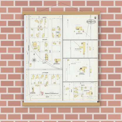 Old map wall art mockup — magnetic wood frame on brick wall — Sanborn Fire Insurance Map from West Manchester, Preble County, Ohio (1901), Sheet #0002