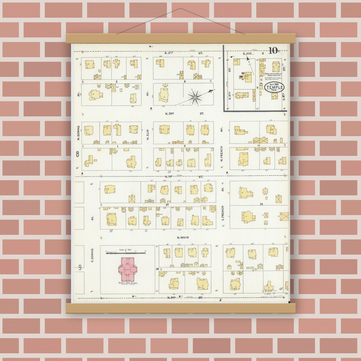 Old map wall art mockup — magnetic wood frame on brick wall — Sanborn Fire Insurance Map from Temple, Bell County, Texas (1905), Sheet #0010