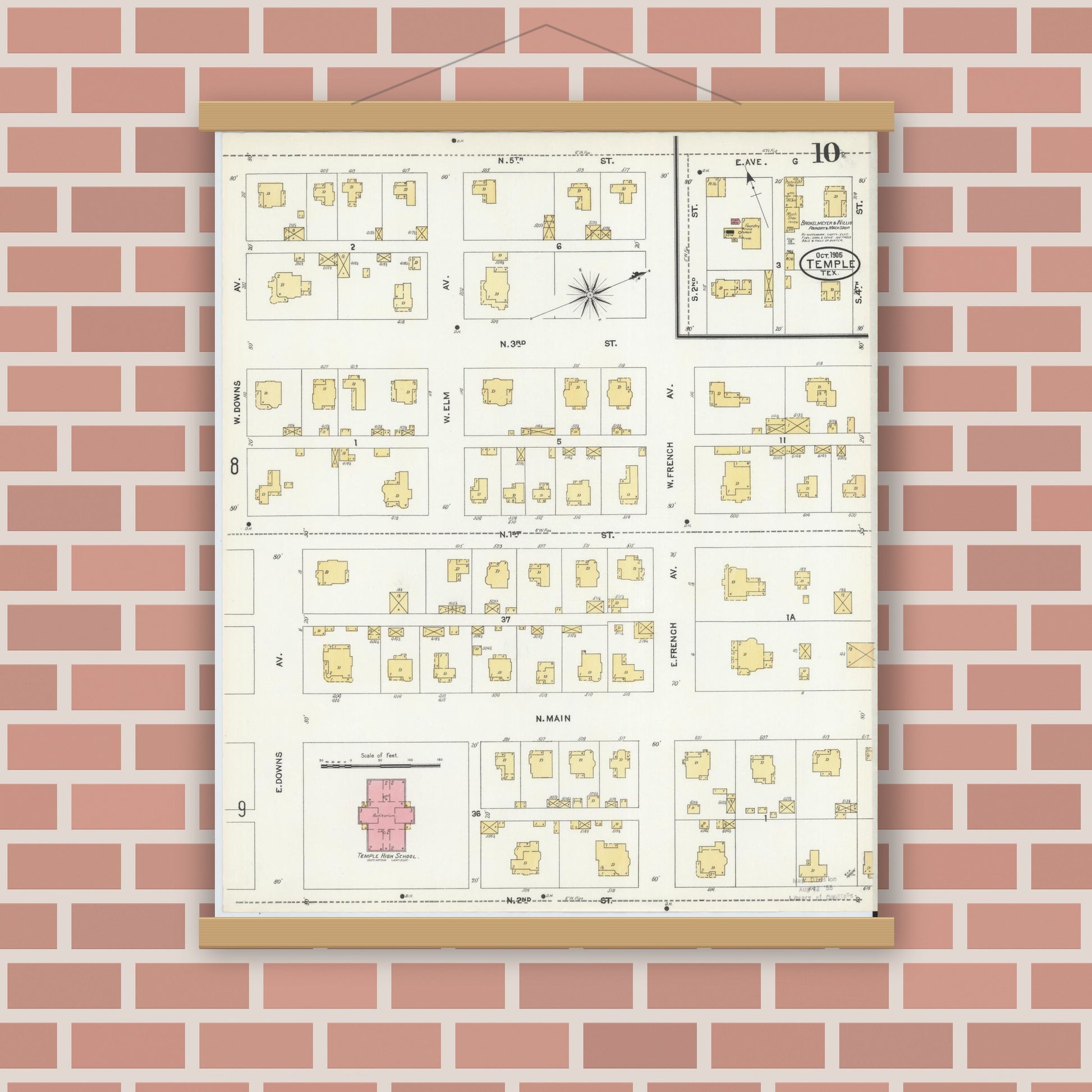 Old map wall art mockup — magnetic wood frame on brick wall — Sanborn Fire Insurance Map from Temple, Bell County, Texas (1905), Sheet #0010