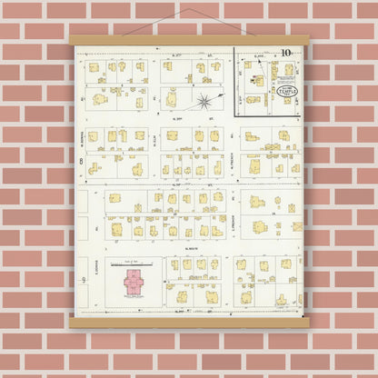 Old map wall art mockup — magnetic wood frame on brick wall — Sanborn Fire Insurance Map from Temple, Bell County, Texas (1905), Sheet #0010