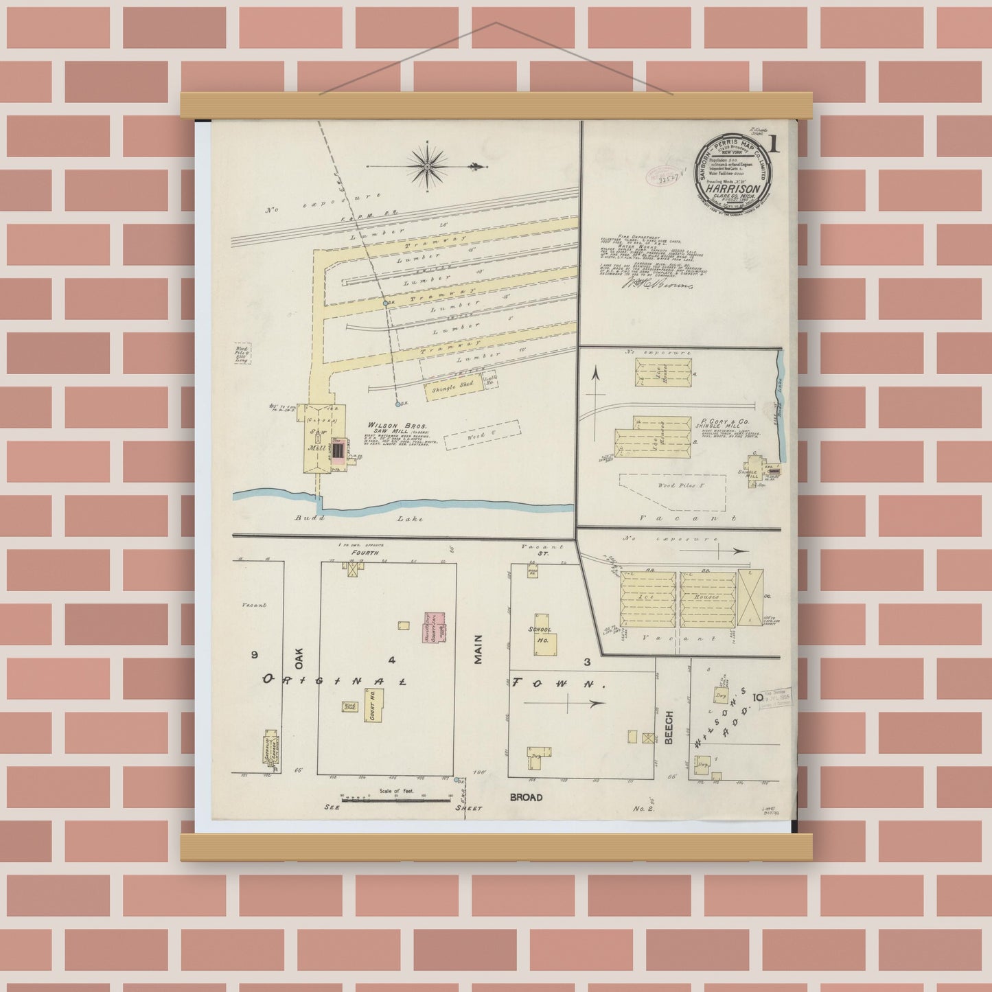Old map wall art mockup — magnetic wood frame on brick wall — Sanborn Fire Insurance Map from Harrison, Clare County, Michigan (1890) - Complete Map Set