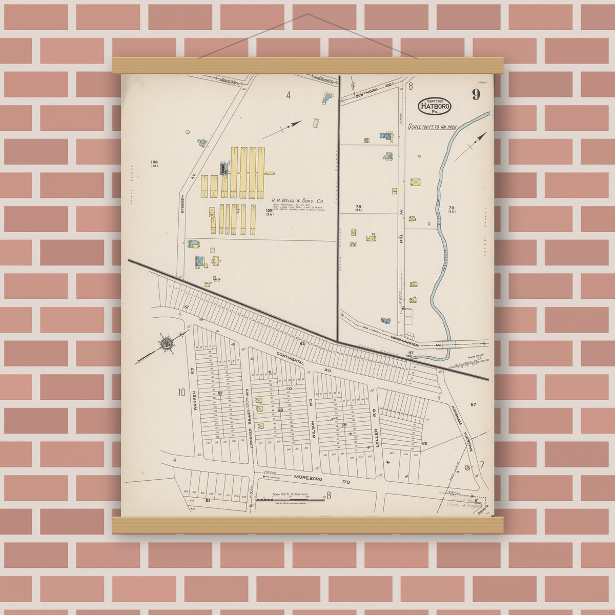 Old map wall art mockup — magnetic wood frame on brick wall — Sanborn Fire Insurance Map from Hatboro, Montgomery County, Pennsylvania (1922), Sheet #0009