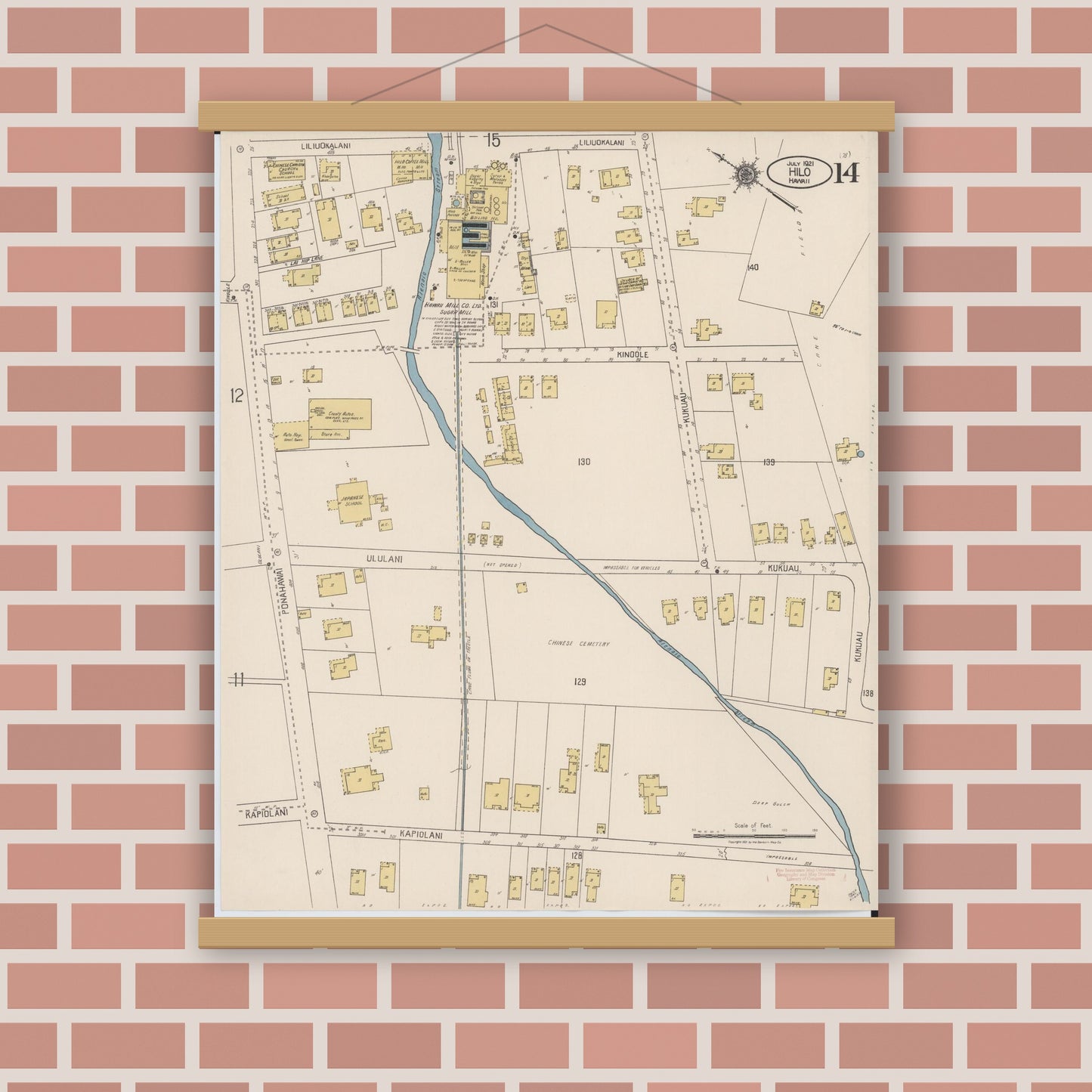 Old map wall art mockup — magnetic wood frame on brick wall — Sanborn Fire Insurance Map from Hilo, Hawaii County, Hawaii (1921), Sheet #0014