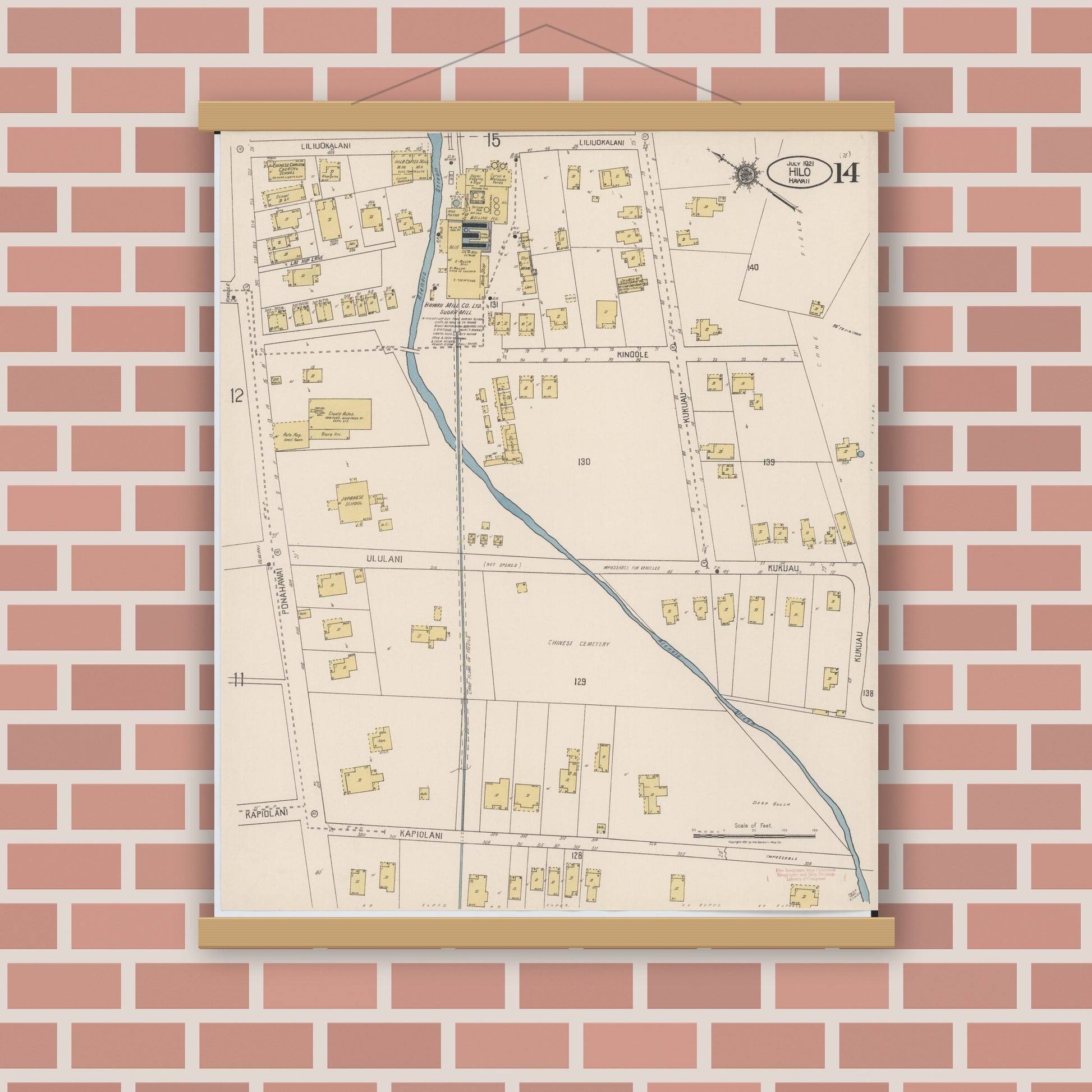 Old map wall art mockup — magnetic wood frame on brick wall — Sanborn Fire Insurance Map from Hilo, Hawaii County, Hawaii (1921), Sheet #0014