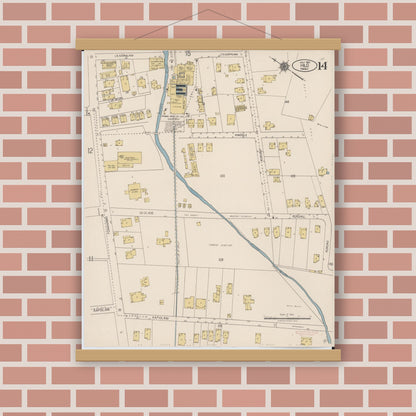 Old map wall art mockup — magnetic wood frame on brick wall — Sanborn Fire Insurance Map from Hilo, Hawaii County, Hawaii (1921), Sheet #0014