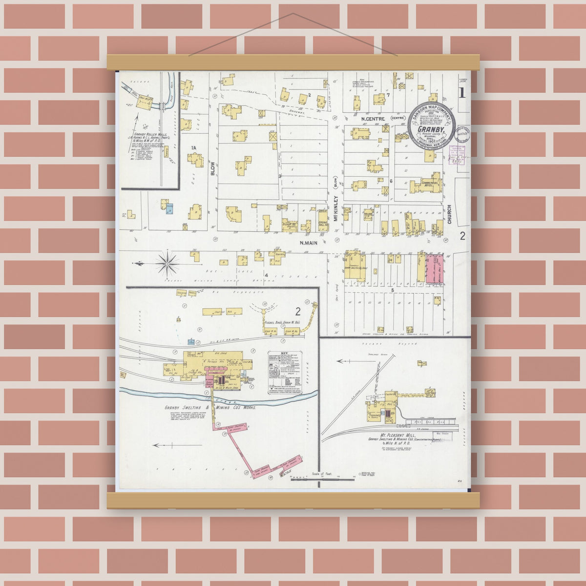 Old map wall art mockup — magnetic wood frame on brick wall — Sanborn Fire Insurance Map from Granby, Newton County, Missouri (1902) - Complete Map Set