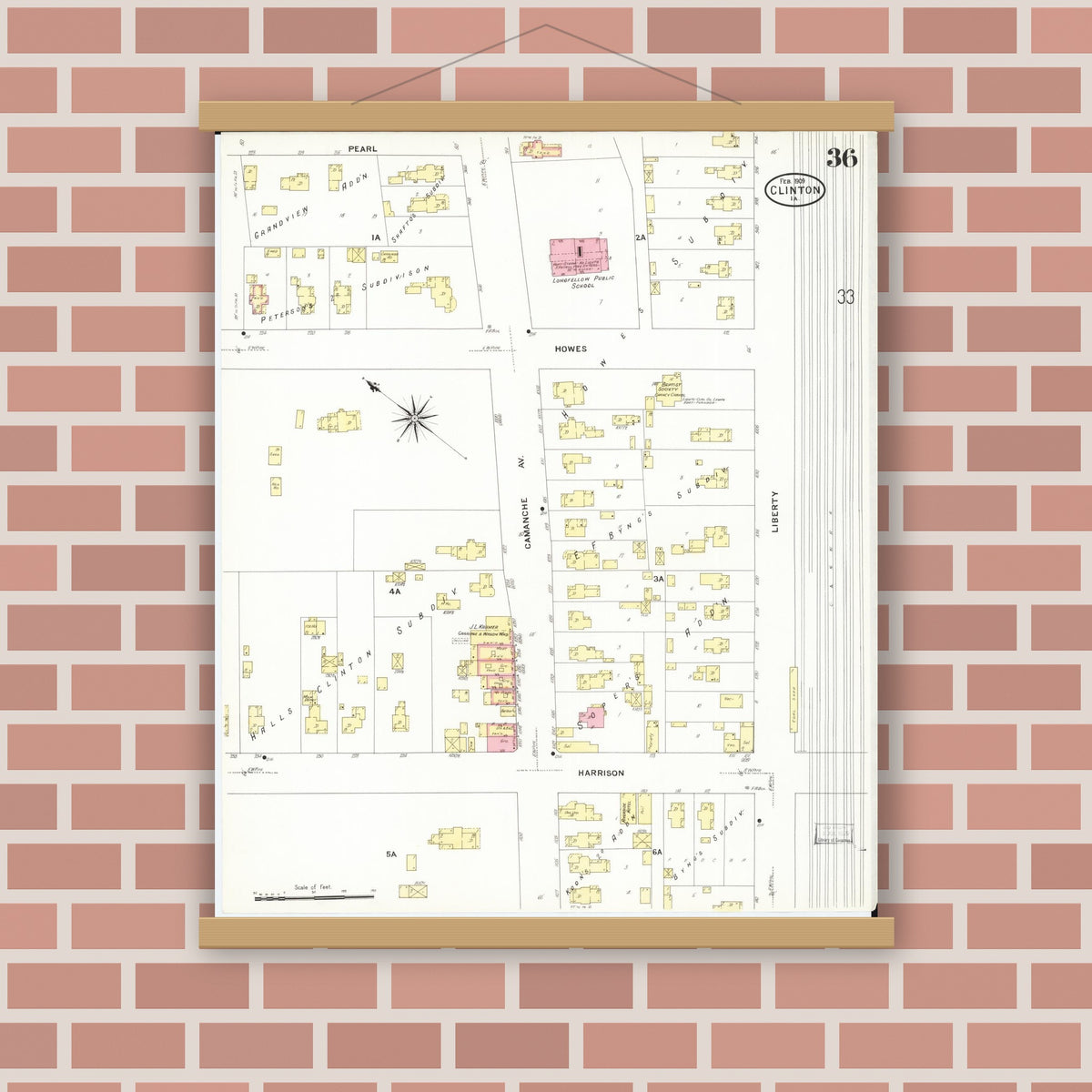 Old map wall art mockup — magnetic wood frame on brick wall — Sanborn Fire Insurance Map from Clinton, Clinton County, Iowa (1909), Sheet #0036