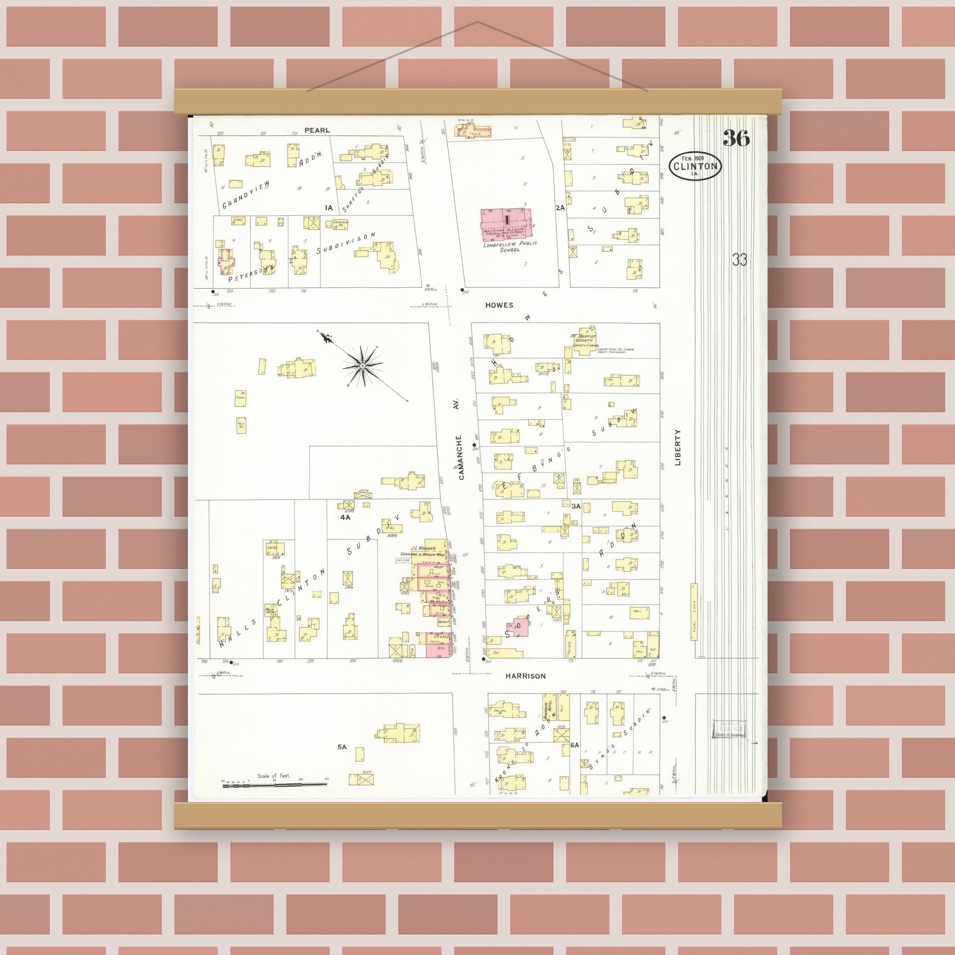 Old map wall art mockup — magnetic wood frame on brick wall — Sanborn Fire Insurance Map from Clinton, Clinton County, Iowa (1909), Sheet #0036