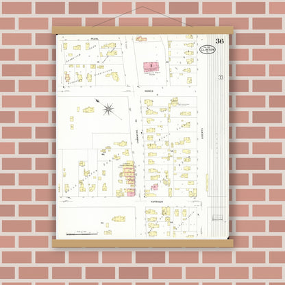 Old map wall art mockup — magnetic wood frame on brick wall — Sanborn Fire Insurance Map from Clinton, Clinton County, Iowa (1909), Sheet #0036
