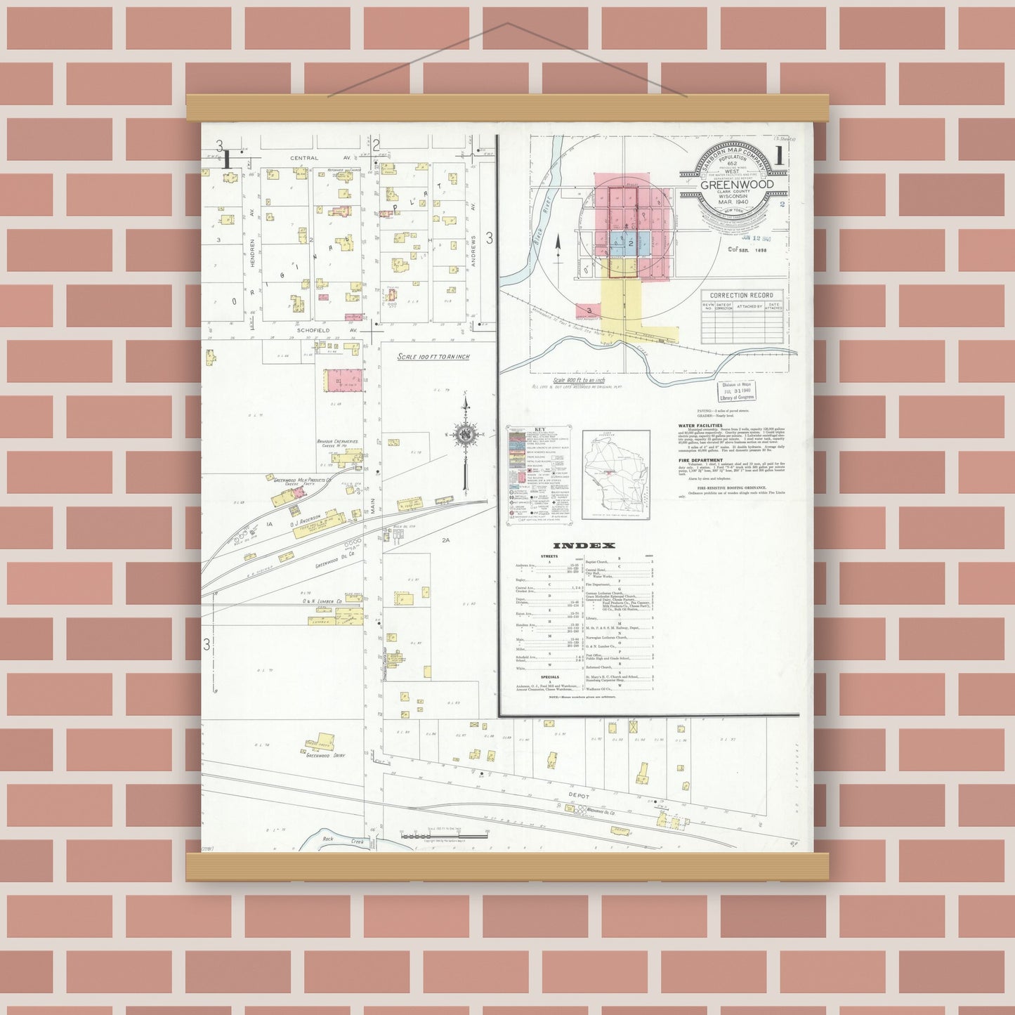 Old map wall art mockup — magnetic wood frame on brick wall — Sanborn Fire Insurance Map from Greenwood, Clark County, Wisconsin (1940) - Complete Map Set