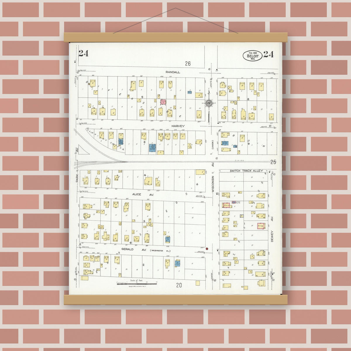 Old map wall art mockup — magnetic wood frame on brick wall — Sanborn Fire Insurance Map from Beloit, Rock County, Wisconsin (1926), Sheet #0024