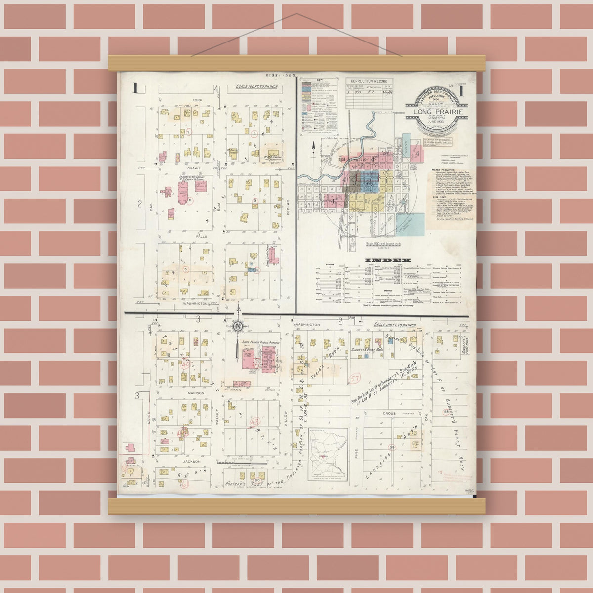 Old map wall art mockup — magnetic wood frame on brick wall — Sanborn Fire Insurance Map from Long Prairie, Todd County, Minnesota (1945) - Complete Map Set