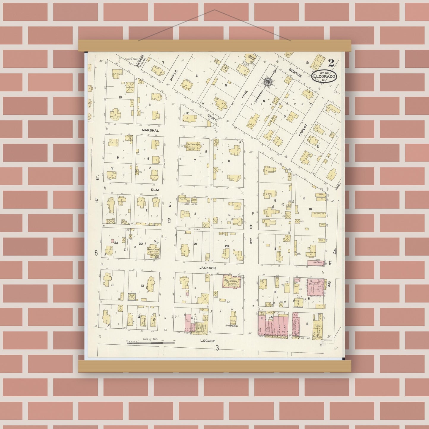 Old map wall art mockup — magnetic wood frame on brick wall — Sanborn Fire Insurance Map from Eldorado, Saline County, Illinois (1911), Sheet #0002