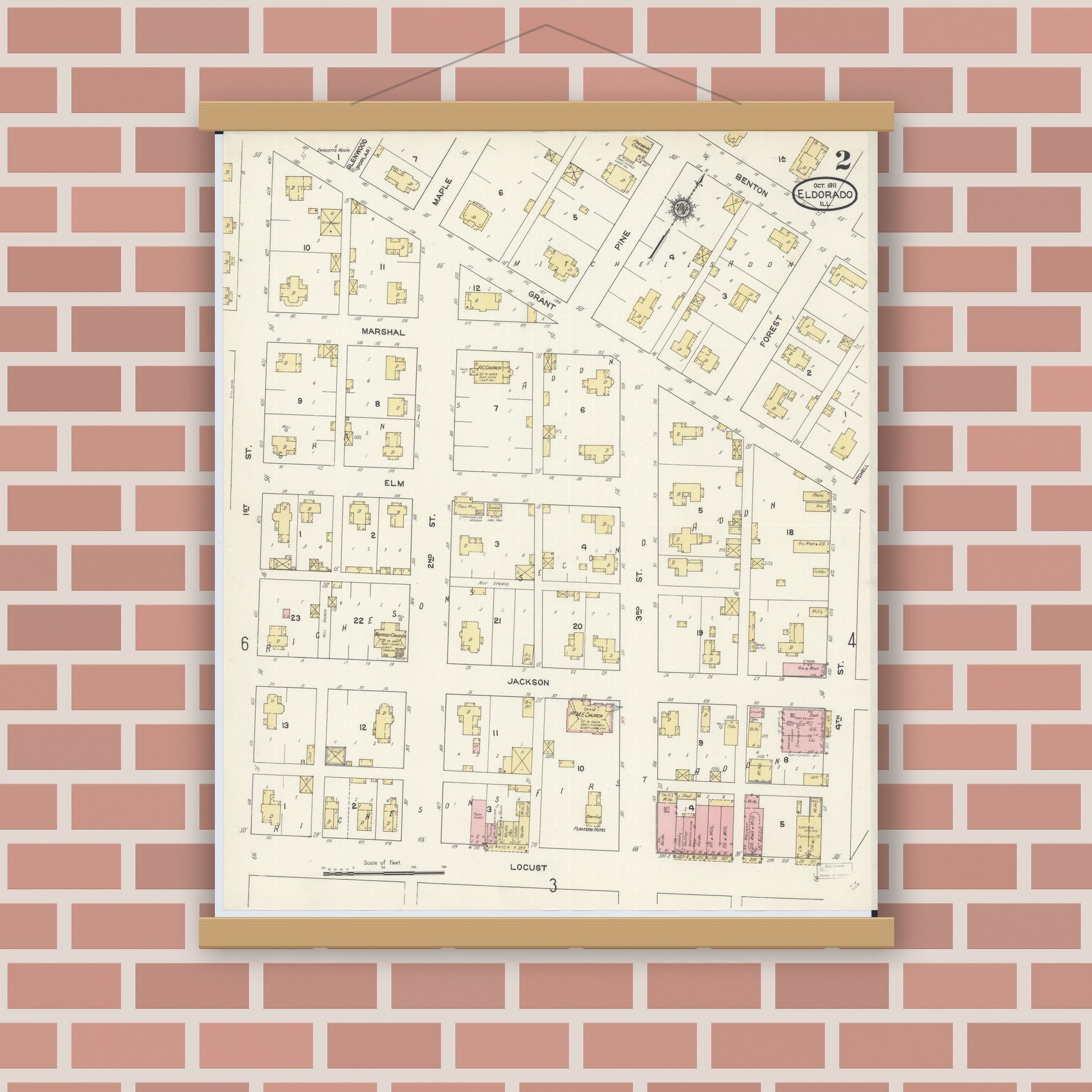 Old map wall art mockup — magnetic wood frame on brick wall — Sanborn Fire Insurance Map from Eldorado, Saline County, Illinois (1911), Sheet #0002