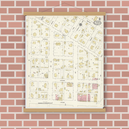 Old map wall art mockup — magnetic wood frame on brick wall — Sanborn Fire Insurance Map from Eldorado, Saline County, Illinois (1911), Sheet #0002