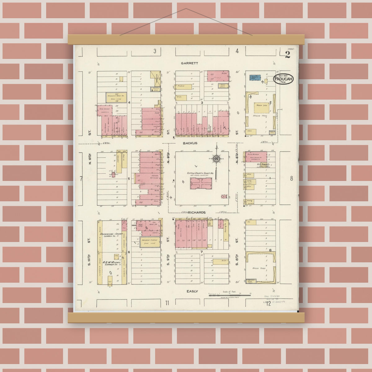 Old map wall art mockup — magnetic wood frame on brick wall — Sanborn Fire Insurance Map from Paducah, Cottle County, Texas (1921), Sheet #0002