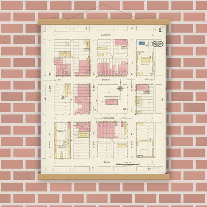 Old map wall art mockup — magnetic wood frame on brick wall — Sanborn Fire Insurance Map from Paducah, Cottle County, Texas (1921), Sheet #0002