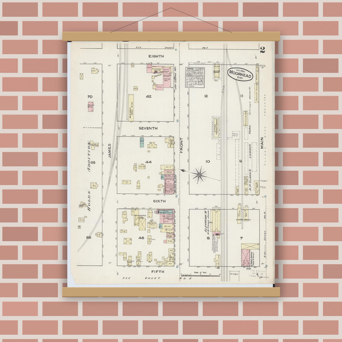 Old map wall art mockup — magnetic wood frame on brick wall — Sanborn Fire Insurance Map from Moorhead, Clay County, Minnesota (1884), Sheet #0002