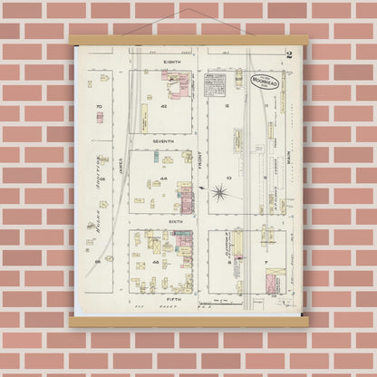 Old map wall art mockup — magnetic wood frame on brick wall — Sanborn Fire Insurance Map from Moorhead, Clay County, Minnesota (1884), Sheet #0002