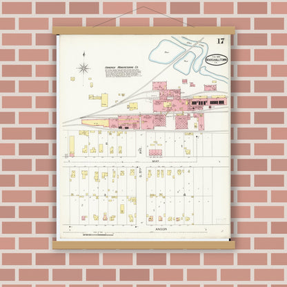 Old map wall art mockup — magnetic wood frame on brick wall — Sanborn Fire Insurance Map from Marshalltown, Marshall County, Iowa (1894), Sheet #0017