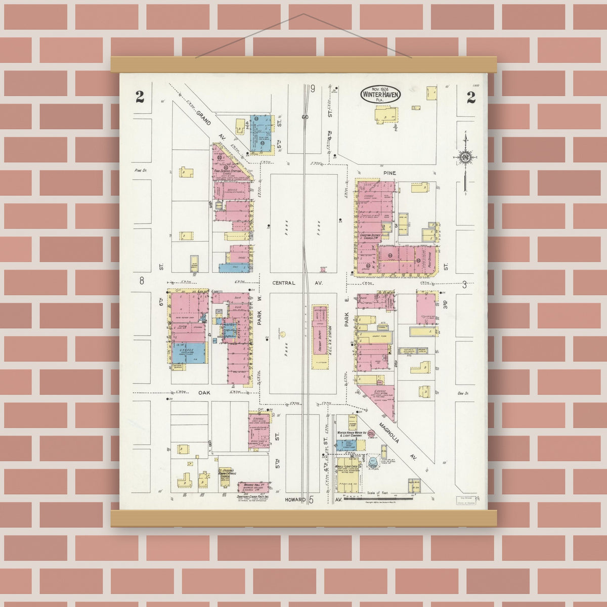 Old map wall art mockup — magnetic wood frame on brick wall — Sanborn Fire Insurance Map from Winter Haven, Polk County, Florida (1924), Sheet #0002