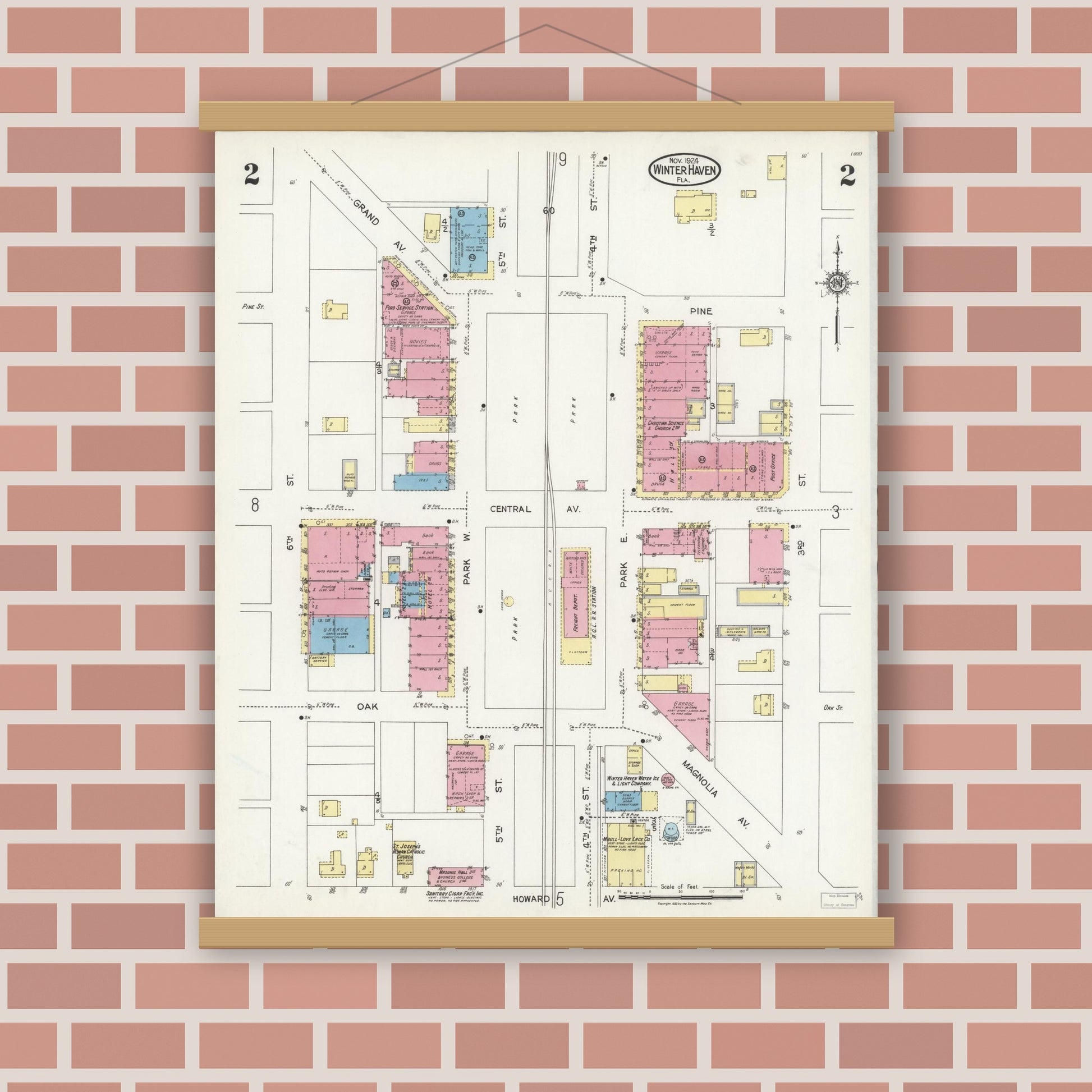 Old map wall art mockup — magnetic wood frame on brick wall — Sanborn Fire Insurance Map from Winter Haven, Polk County, Florida (1924), Sheet #0002
