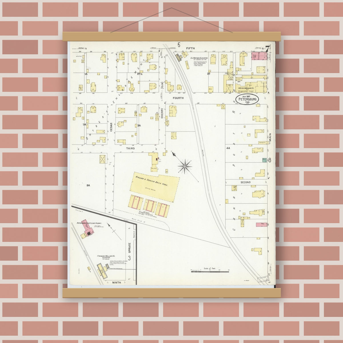 Old map wall art mockup — magnetic wood frame on brick wall — Sanborn Fire Insurance Map from Petersburg, Pike County, Indiana (1907), Sheet #0007
