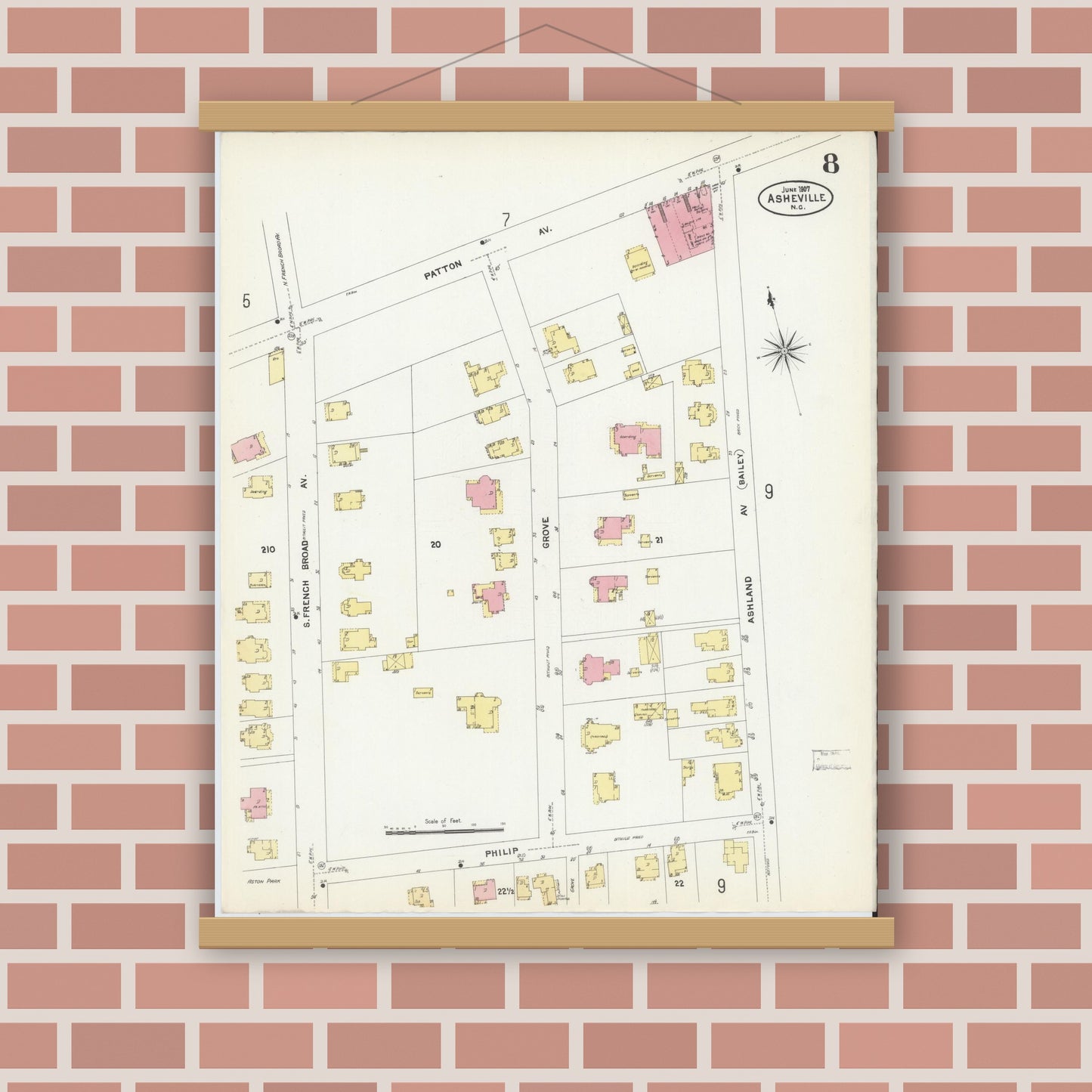 Old map wall art mockup — magnetic wood frame on brick wall — Sanborn Fire Insurance Map from Asheville, Buncombe County, North Carolina (1907), Sheet #0008
