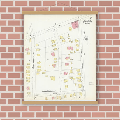 Old map wall art mockup — magnetic wood frame on brick wall — Sanborn Fire Insurance Map from Asheville, Buncombe County, North Carolina (1907), Sheet #0008