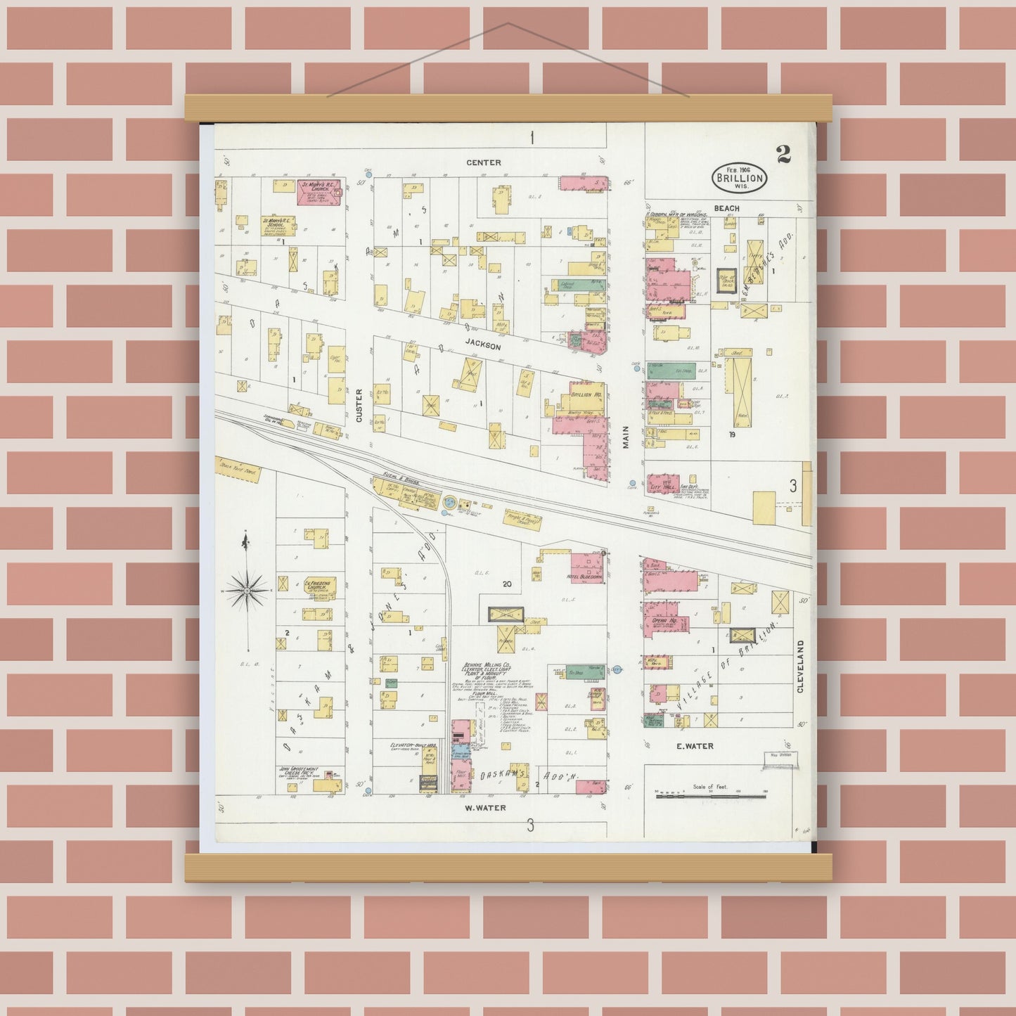 Old map wall art mockup — magnetic wood frame on brick wall — Sanborn Fire Insurance Map from Brillion, Calumet County, Wisconsin (1906), Sheet #0002