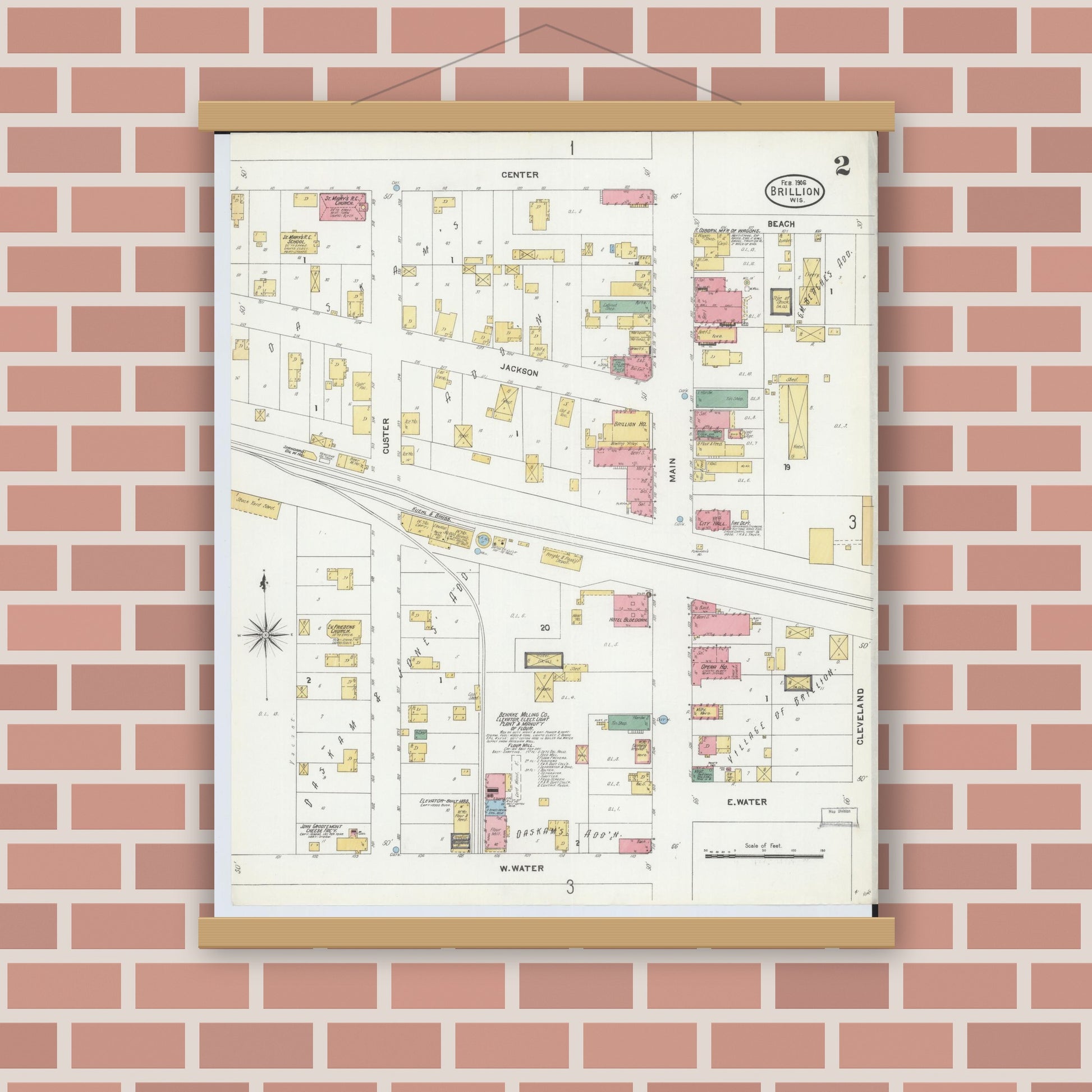 Old map wall art mockup — magnetic wood frame on brick wall — Sanborn Fire Insurance Map from Brillion, Calumet County, Wisconsin (1906), Sheet #0002