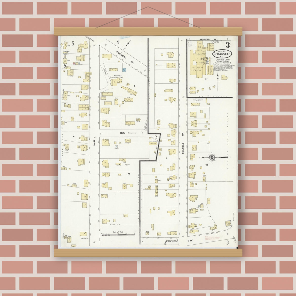 Old map wall art mockup — magnetic wood frame on brick wall — Sanborn Fire Insurance Map from Cedarville, Cumberland County, New Jersey (1912), Sheet #0003