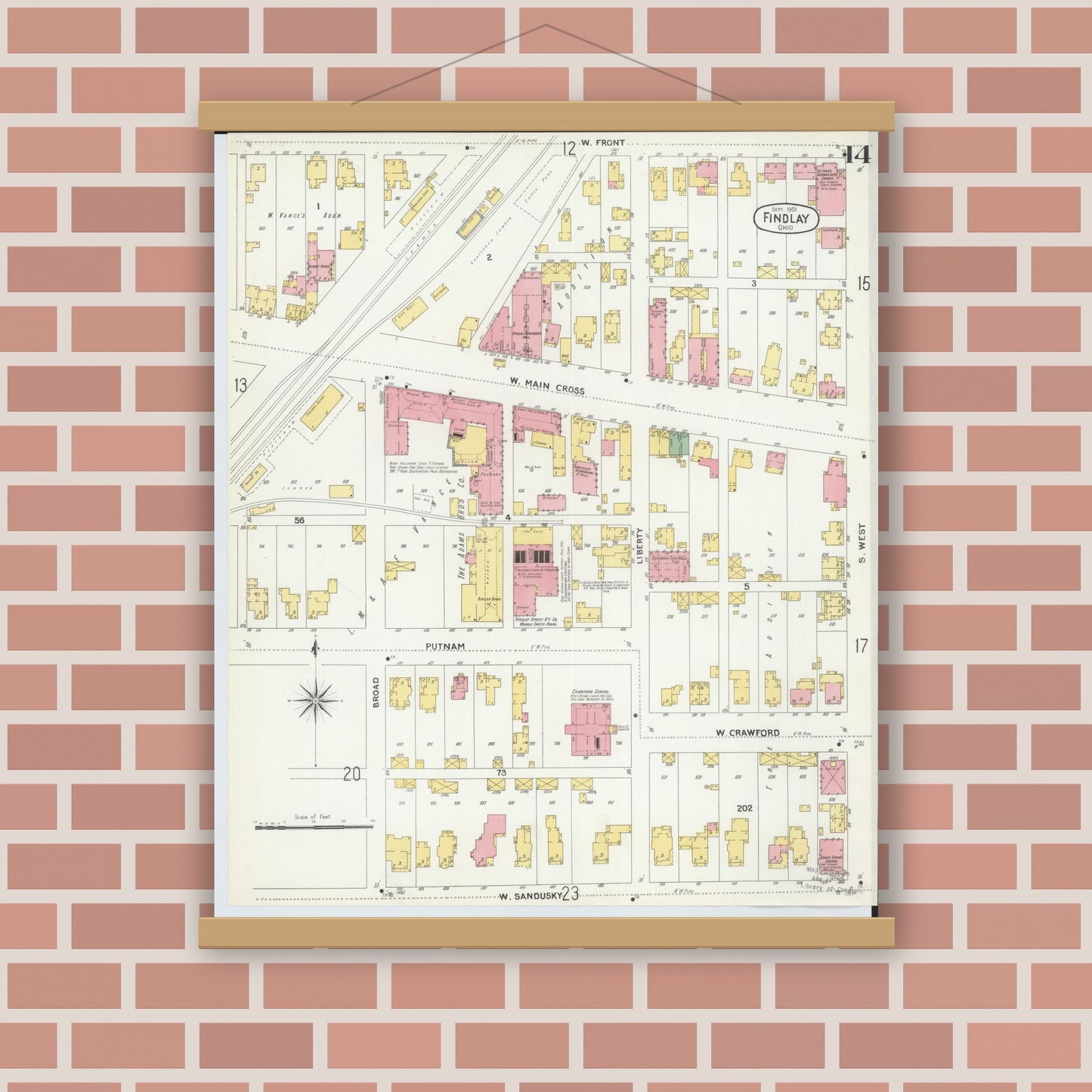 Old map wall art mockup — magnetic wood frame on brick wall — Sanborn Fire Insurance Map from Findlay, Hancock County, Ohio (1901), Sheet #0014