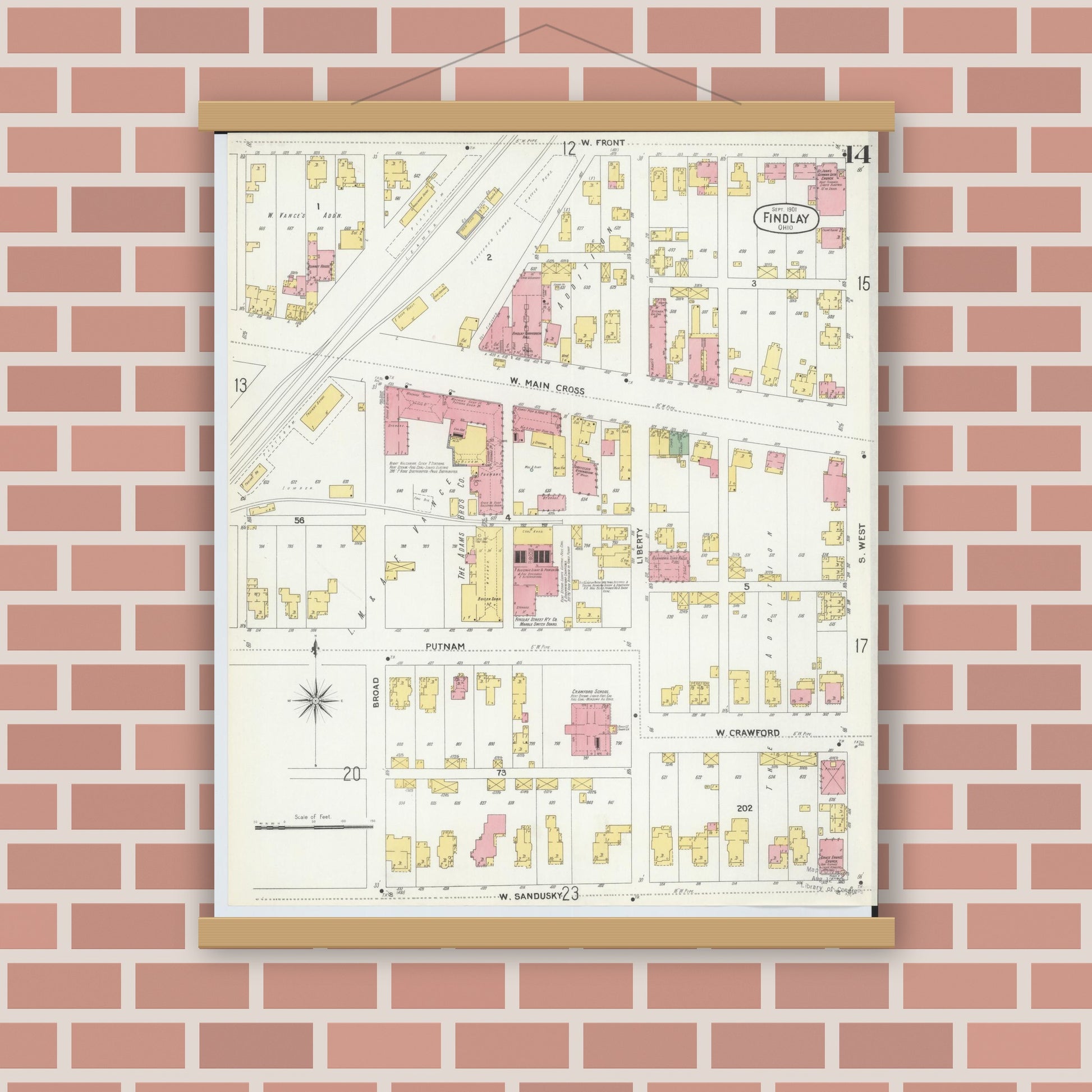 Old map wall art mockup — magnetic wood frame on brick wall — Sanborn Fire Insurance Map from Findlay, Hancock County, Ohio (1901), Sheet #0014