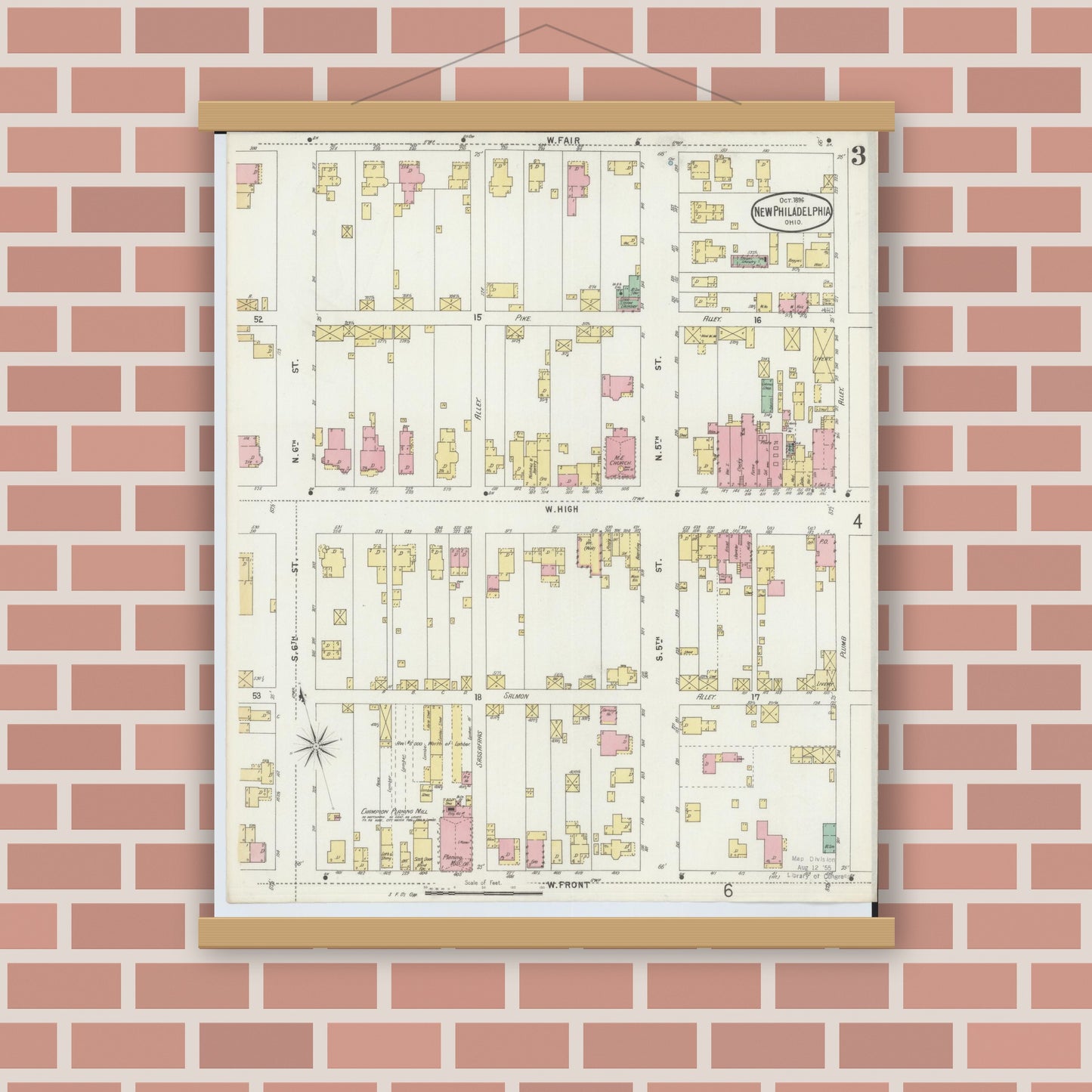 Old map wall art mockup — magnetic wood frame on brick wall — Sanborn Fire Insurance Map from New Philadelphia, Tuscarawas County, Ohio (1896), Sheet #0003