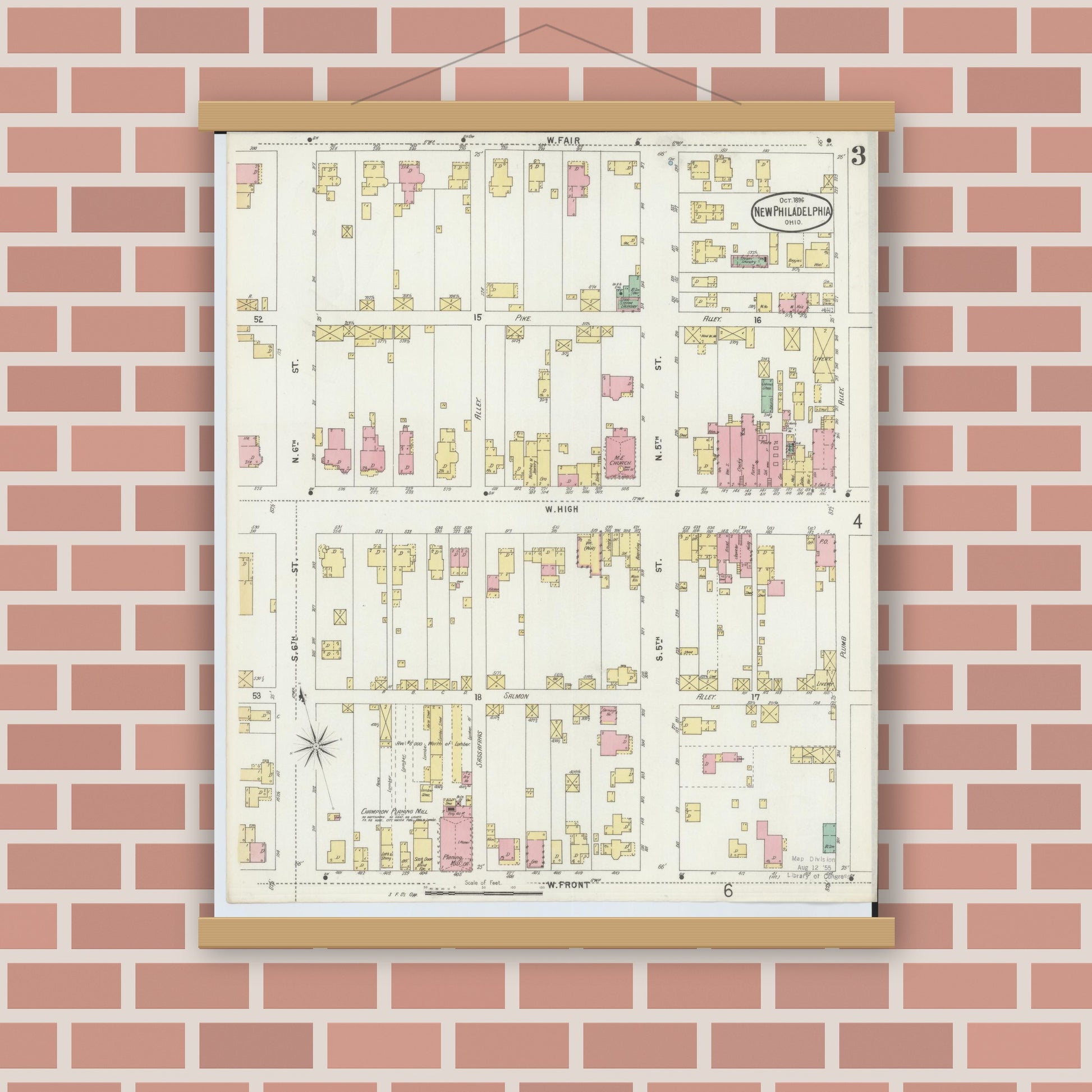 Old map wall art mockup — magnetic wood frame on brick wall — Sanborn Fire Insurance Map from New Philadelphia, Tuscarawas County, Ohio (1896), Sheet #0003